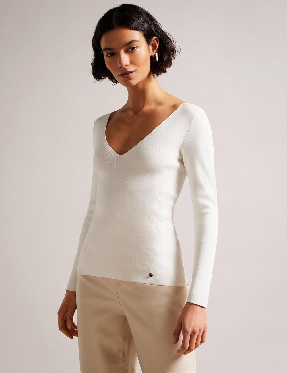 Women Ted Baker CILESTE - Fitted V-Neck Long Sleeve Knit Top Jumpers Ivory | OGSY37514