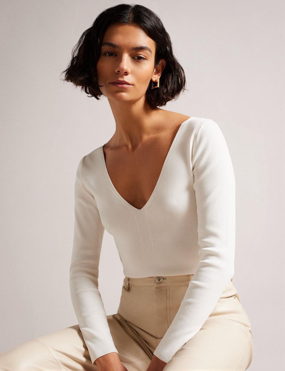 Women Ted Baker CILESTE - Fitted V-Neck Long Sleeve Knit Top Jumpers Ivory | OGSY37514