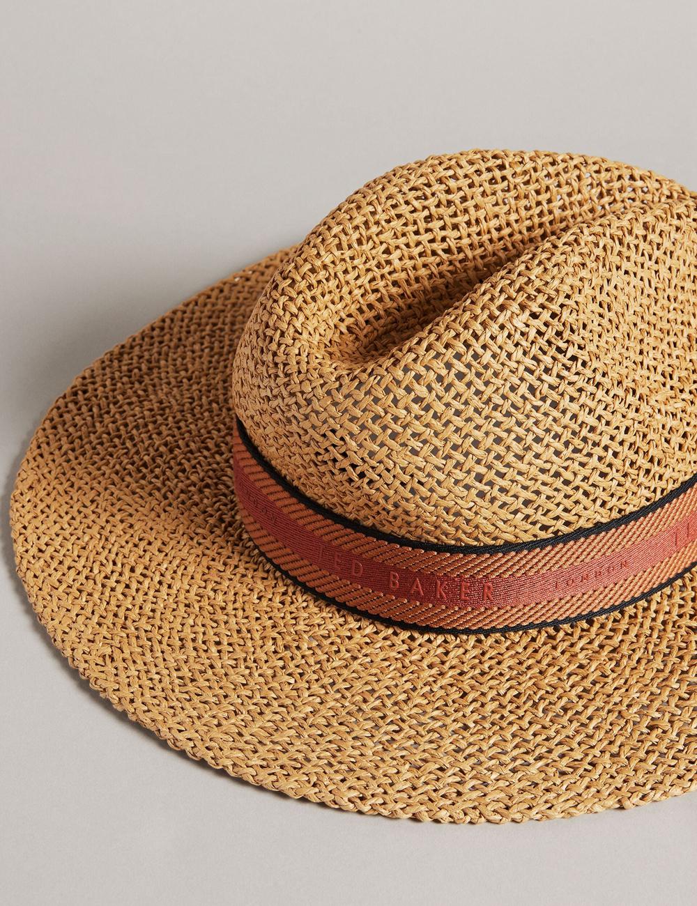 Women Ted Baker CLAIRIE - Straw Webbing Trim Fedora Hats Ecru | LEMT80617