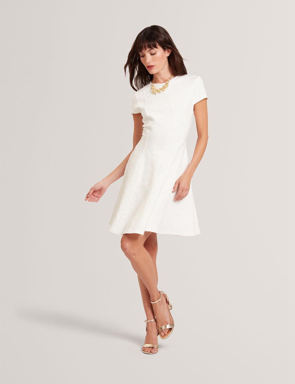 Women Ted Baker CLODAA - Embroidered Short Sleeve Skater Mini Dresses Ivory | NKHY12430