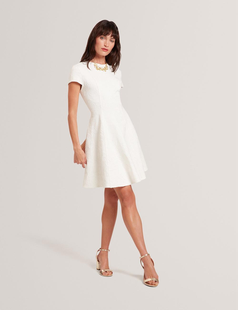Women Ted Baker CLODAA - Embroidered Short Sleeve Skater Mini Dresses Ivory | NKHY12430