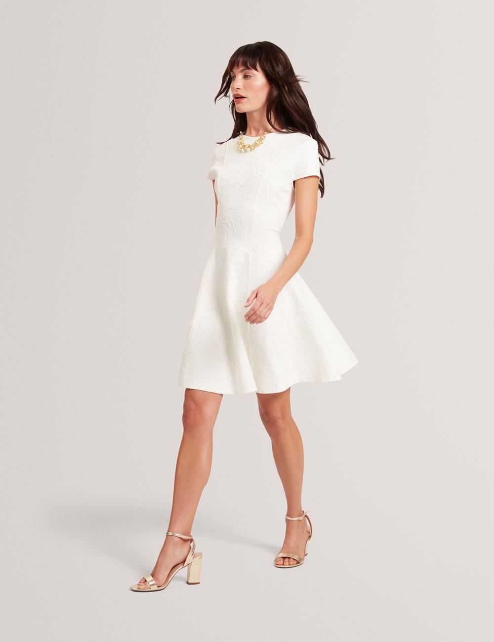 Women Ted Baker CLODAA - Embroidered Short Sleeve Skater Mini Dresses Ivory | NKHY12430