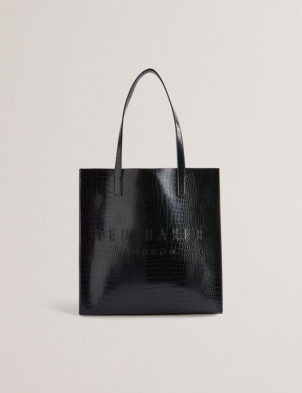 Women Ted Baker CROCCON - Large Croc Texture Icon Tote Bags Black | VZPR69458
