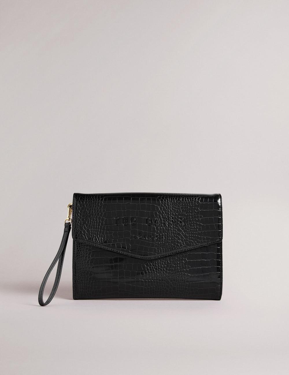Women Ted Baker CROCEY - Croc Effect PU Envelope Clutch Clutch Bags Black | XOMR79312