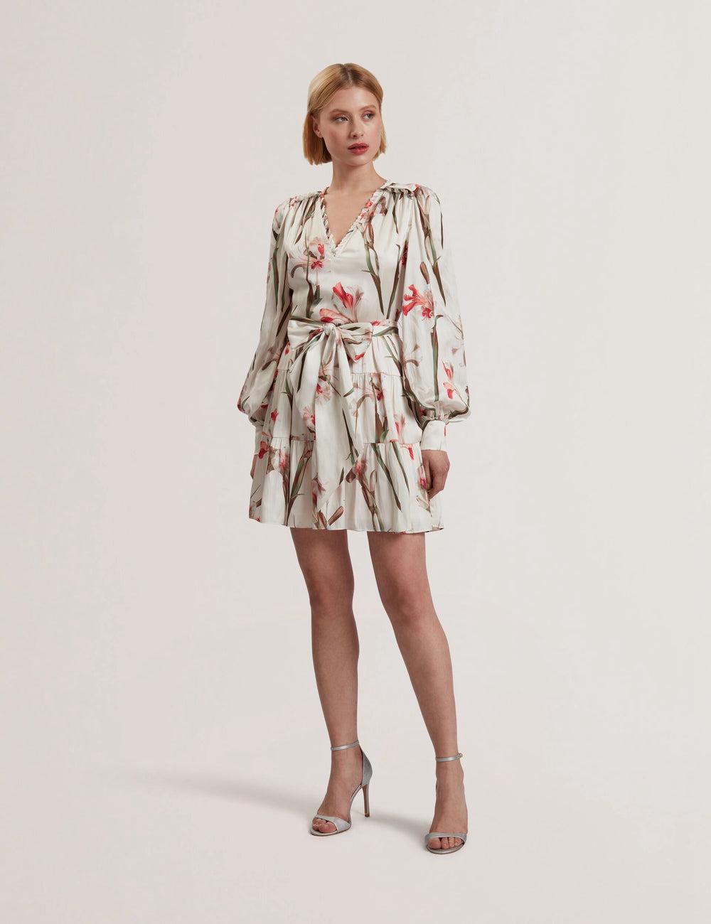 Women Ted Baker CUIABA - Floral V-Neck Waist Mini Dresses Ivory | WQJL76943
