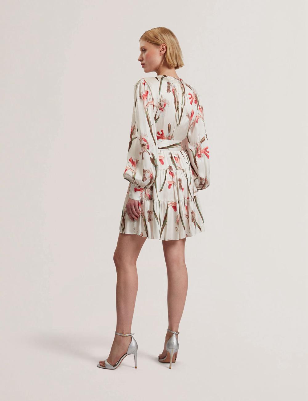 Women Ted Baker CUIABA - Floral V-Neck Waist Mini Dresses Ivory | WQJL76943