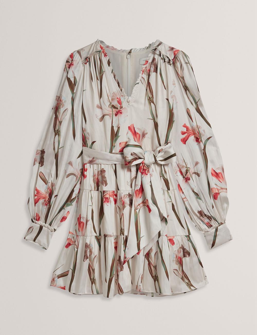 Women Ted Baker CUIABA - Floral V-Neck Waist Mini Dresses Ivory | WQJL76943