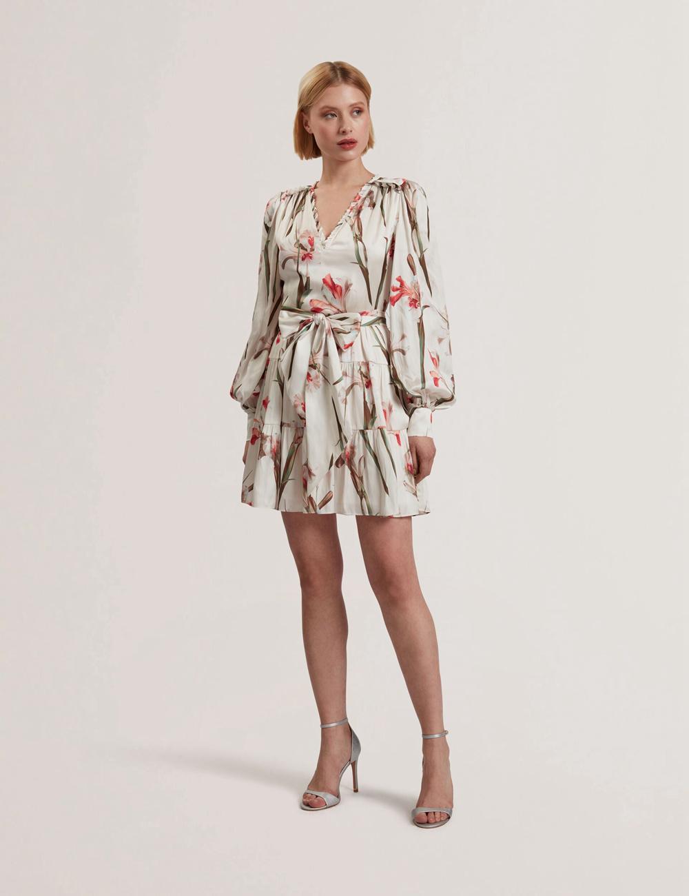 Women Ted Baker CUIABA - Floral V-Neck Waist Mini Dresses Ivory | WQJL76943