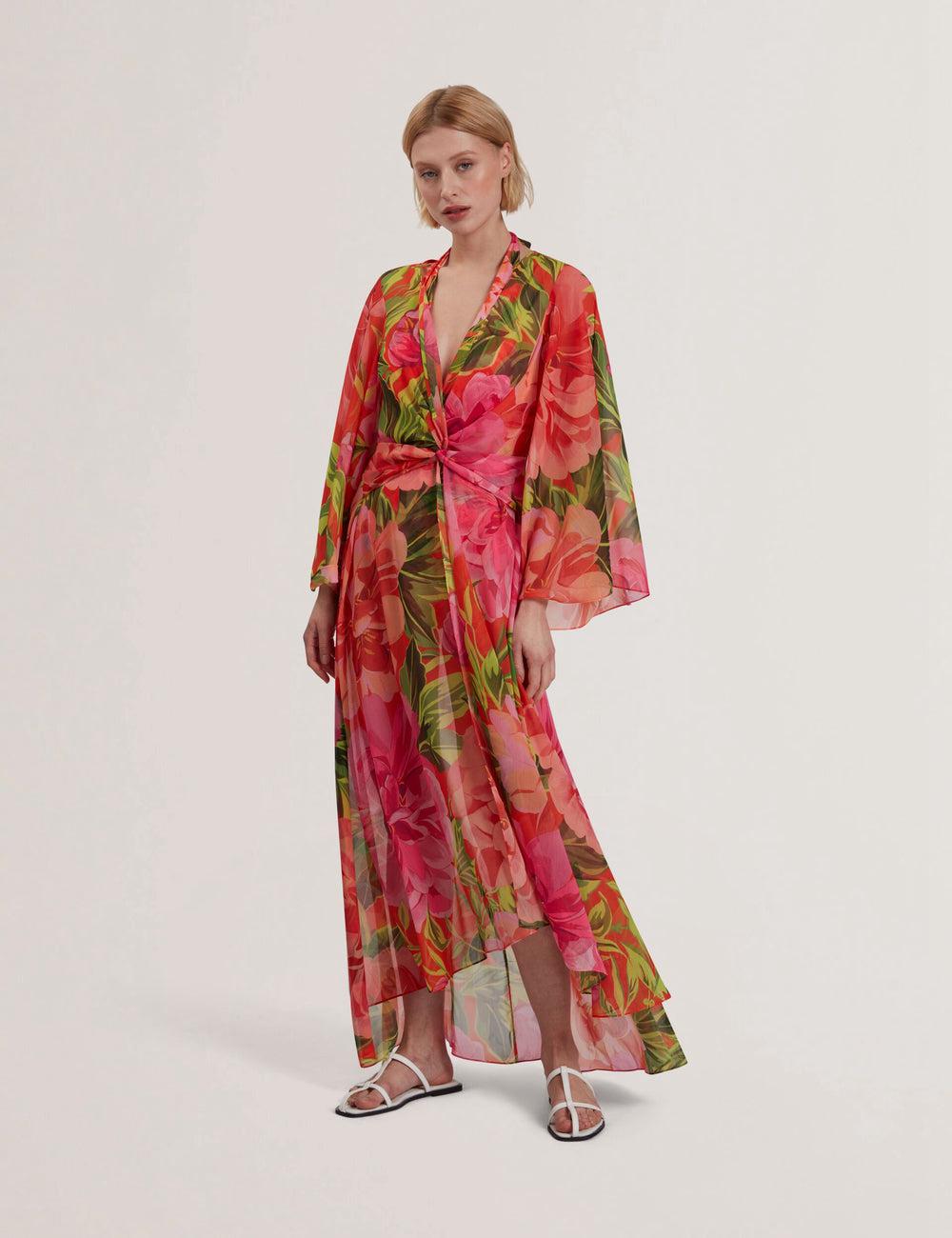 Women Ted Baker DDARCIS - Floral Twisted Waist Maxi Beach Cover Ups Coral | CFPW90735