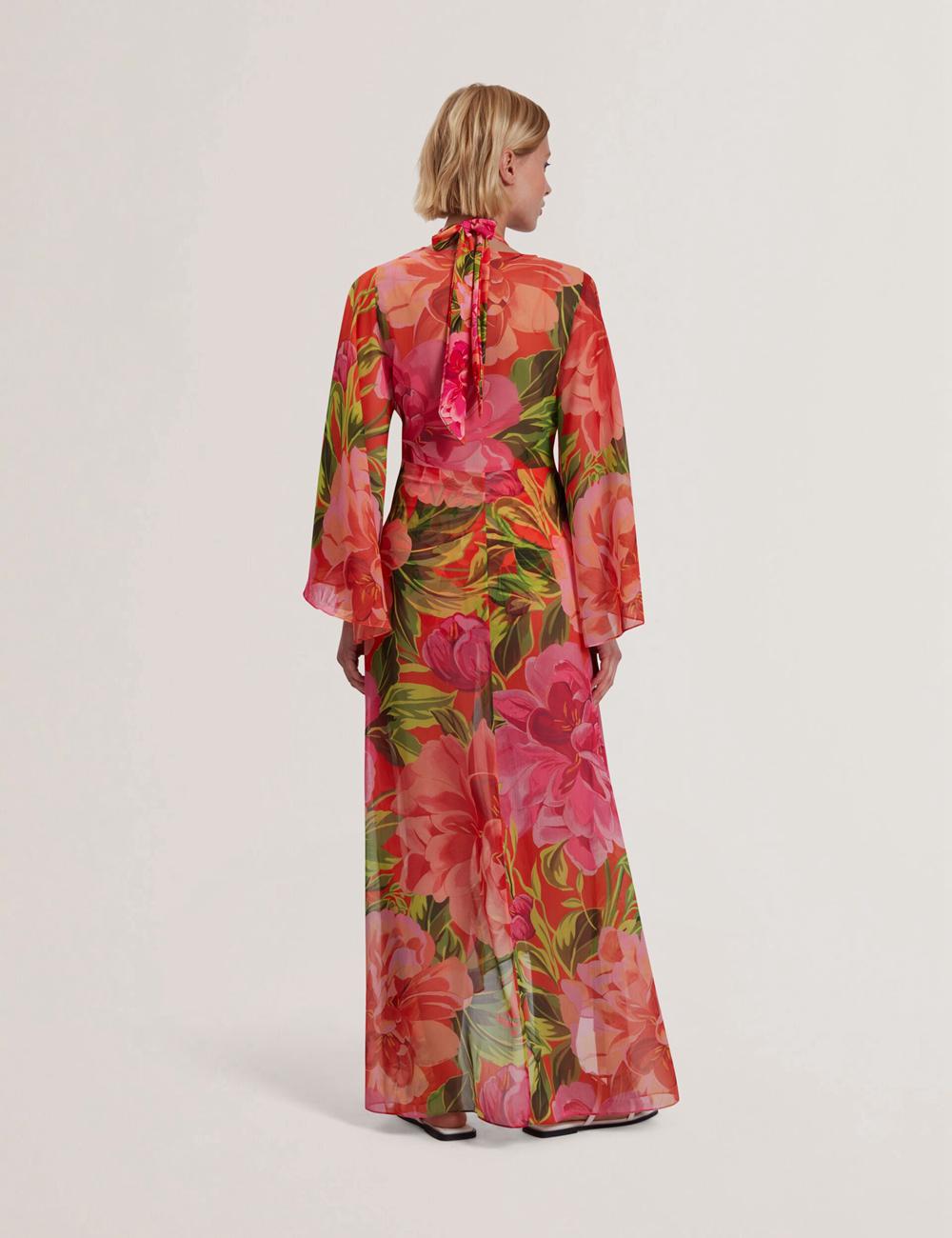 Women Ted Baker DDARCIS - Floral Twisted Waist Maxi Beach Cover Ups Coral | CFPW90735