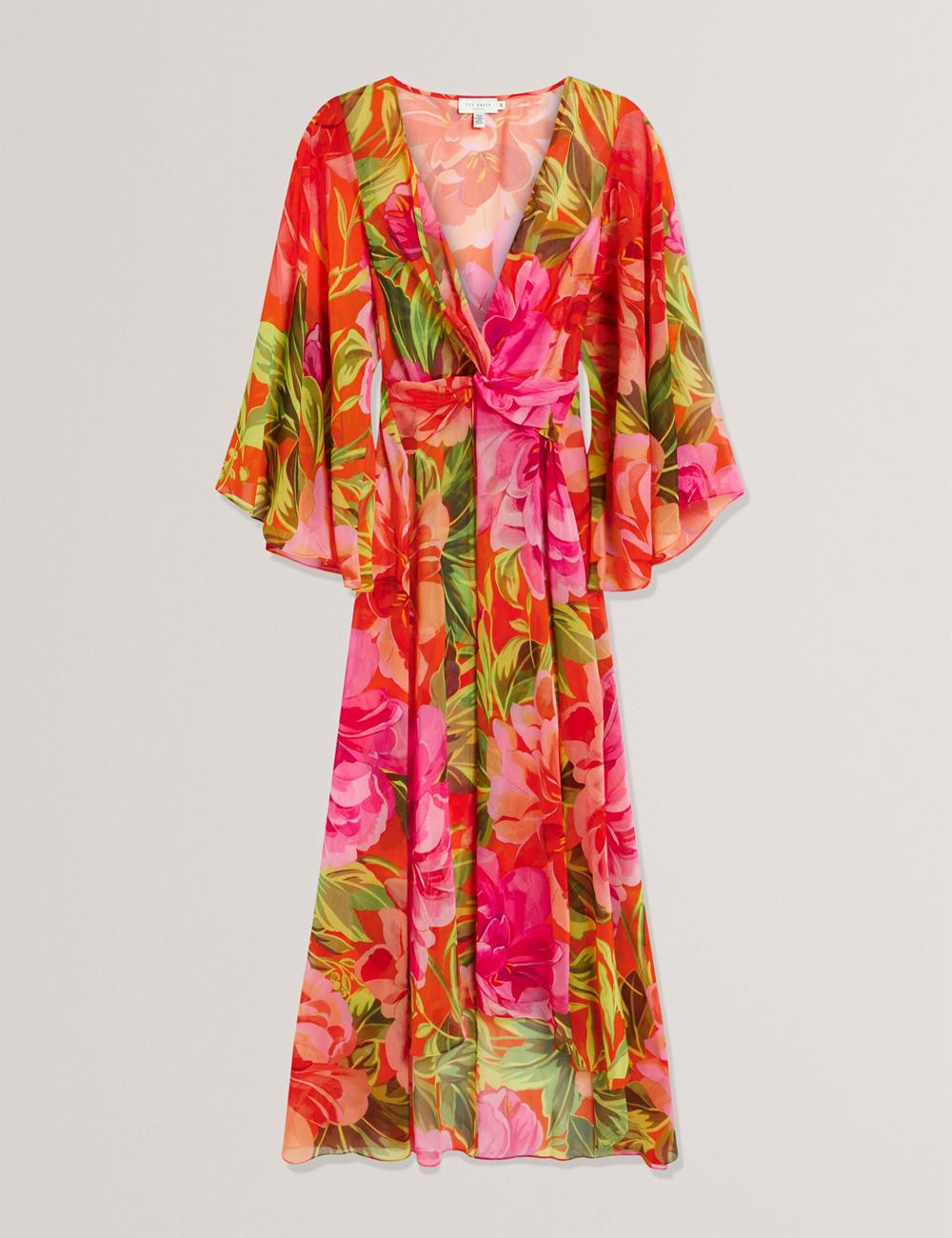 Women Ted Baker DDARCIS - Floral Twisted Waist Maxi Beach Cover Ups Coral | CFPW90735