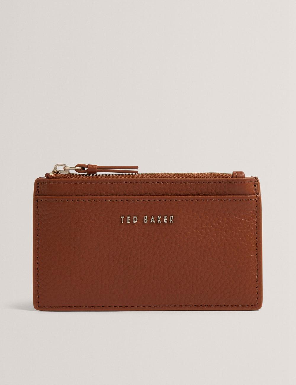 Women Ted Baker DELFIE - Textured Leather Zipped Card Holder Cardholders Brown | RJTV64315