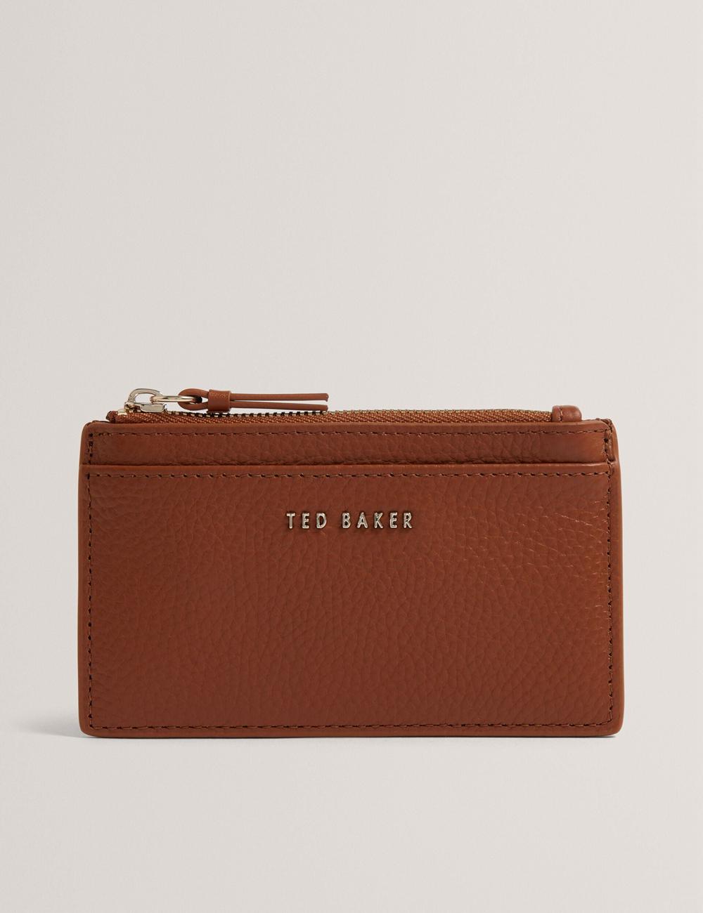 Women Ted Baker DELFIE - Textured Leather Zipped Card Holder Cardholders Brown | RJTV64315