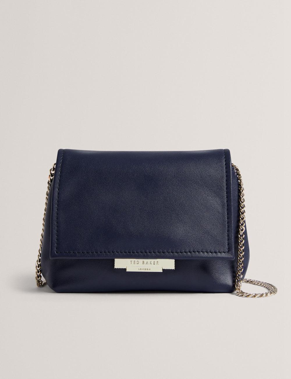 Women Ted Baker DEMNI - Mini Leather Fold Over Chain Crossbody Bags Navy | UJEG37904