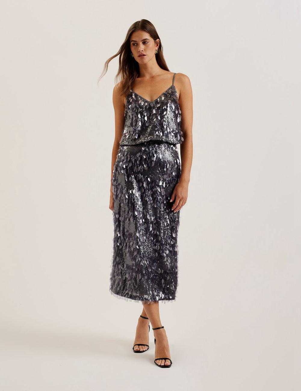 Women Ted Baker DORIDA - Mixed Sequin With Slit Midi Skirts Dk-Grey | MTNL24185