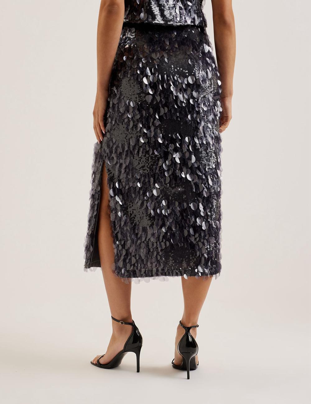 Women Ted Baker DORIDA - Mixed Sequin With Slit Midi Skirts Dk-Grey | MTNL24185