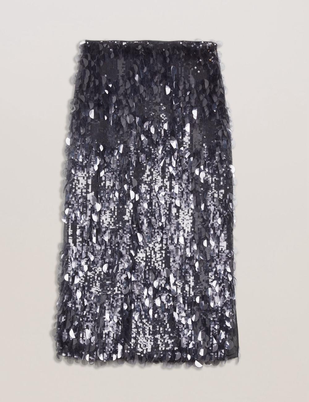 Women Ted Baker DORIDA - Mixed Sequin With Slit Midi Skirts Dk-Grey | MTNL24185