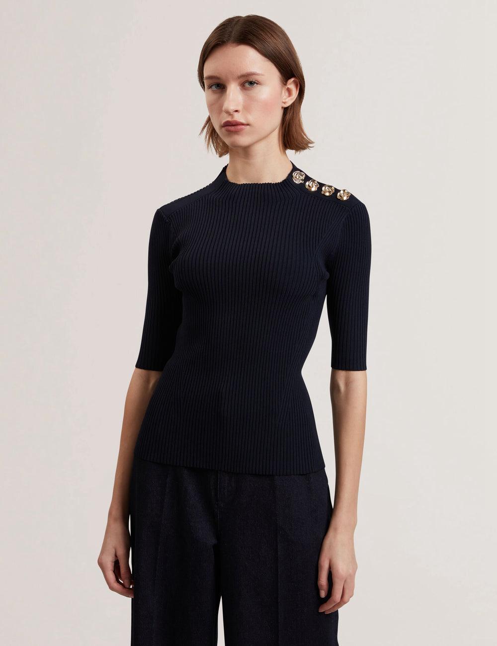 Women Ted Baker EELIIA - Ribbed Knit Short Sleeve With Rose Buttons Tops Navy | IULY17280