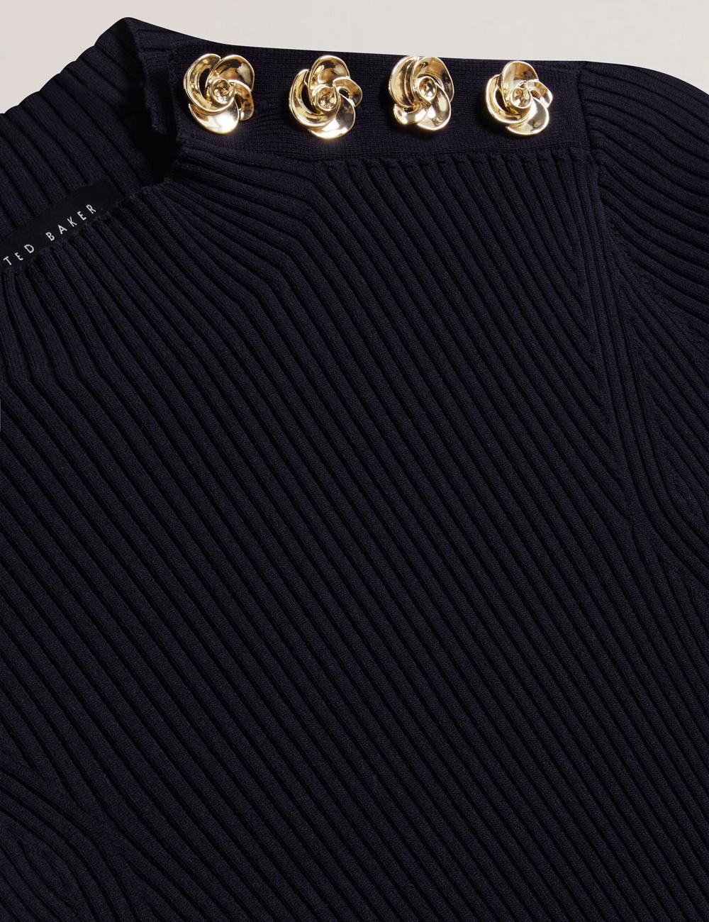 Women Ted Baker EELIIA - Ribbed Knit Short Sleeve With Rose Buttons Tops Navy | IULY17280