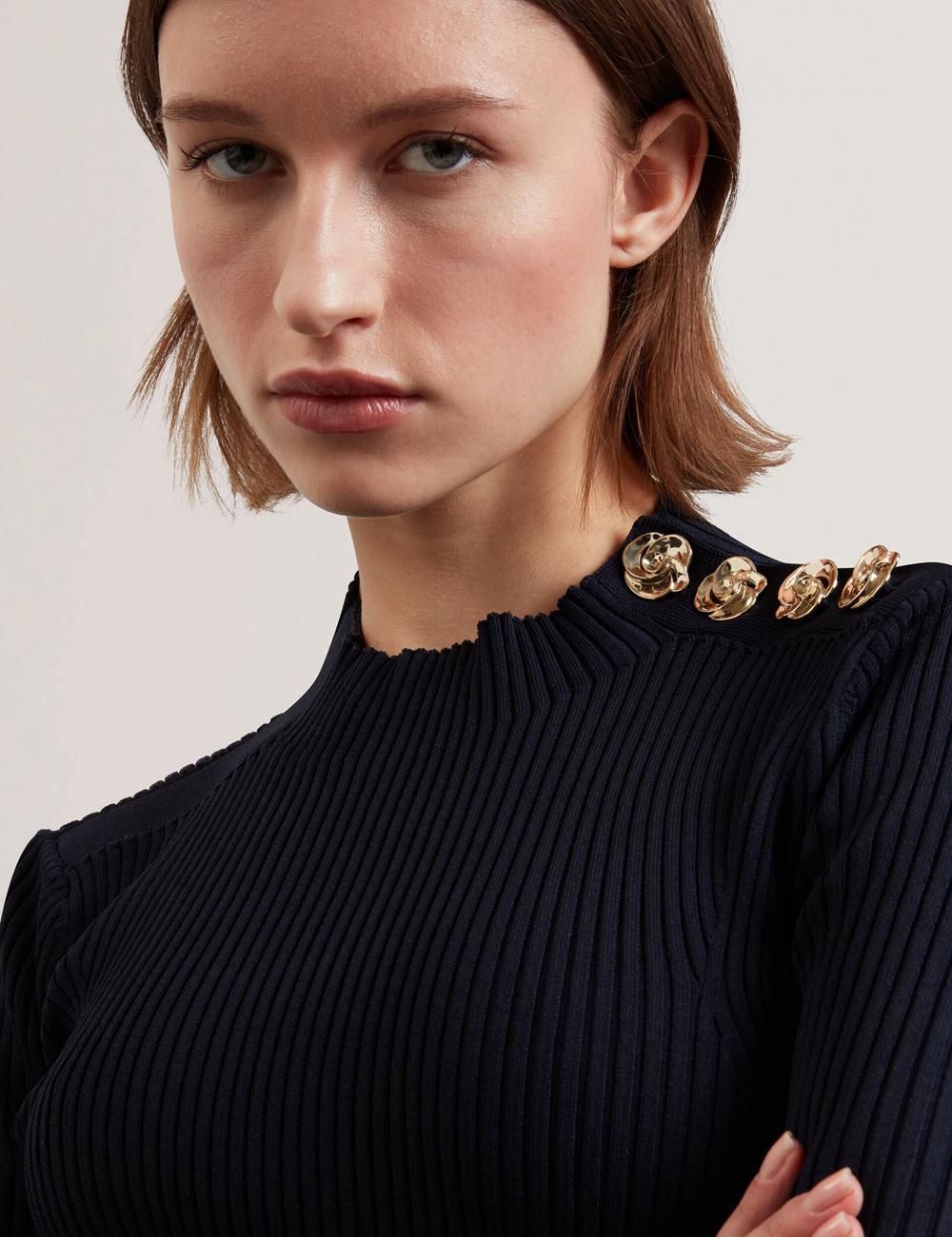 Women Ted Baker EELIIA - Ribbed Knit Short Sleeve With Rose Buttons Tops Navy | IULY17280