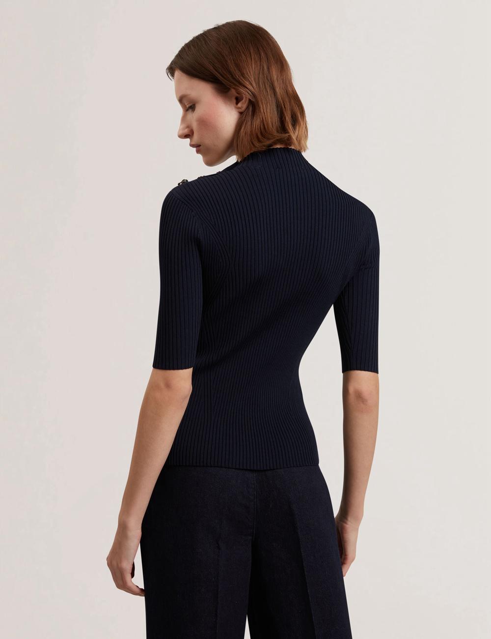 Women Ted Baker EELIIA - Ribbed Knit Short Sleeve With Rose Buttons Tops Navy | IULY17280