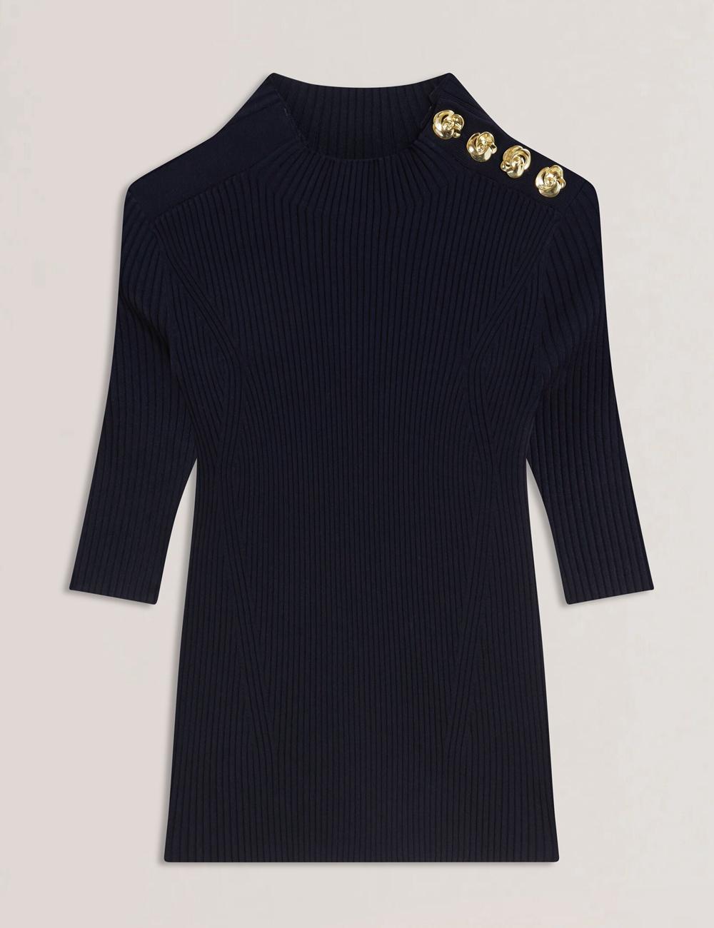 Women Ted Baker EELIIA - Ribbed Knit Short Sleeve With Rose Buttons Tops Navy | IULY17280