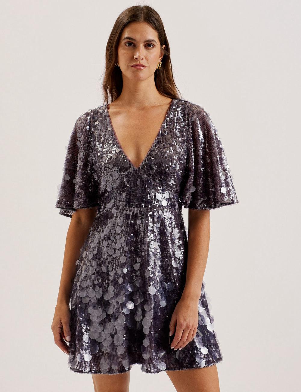 Women Ted Baker ELISONA - Sequin V-Neck Cape Sleeve Mini Dresses Dk-Grey | XWCR87934