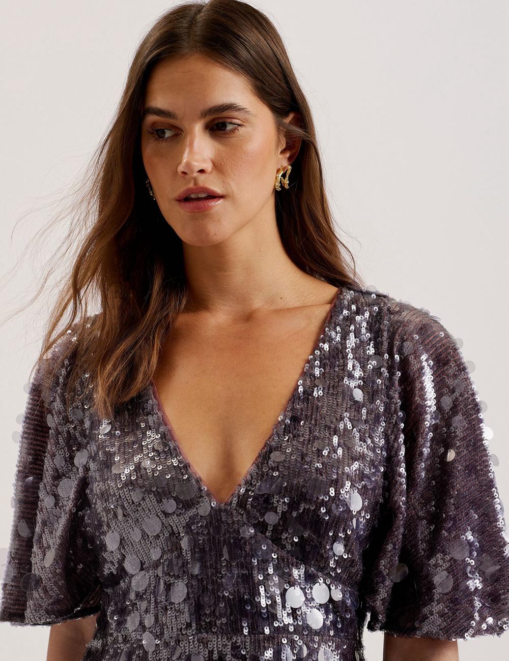 Women Ted Baker ELISONA - Sequin V-Neck Cape Sleeve Mini Dresses Dk-Grey | XWCR87934