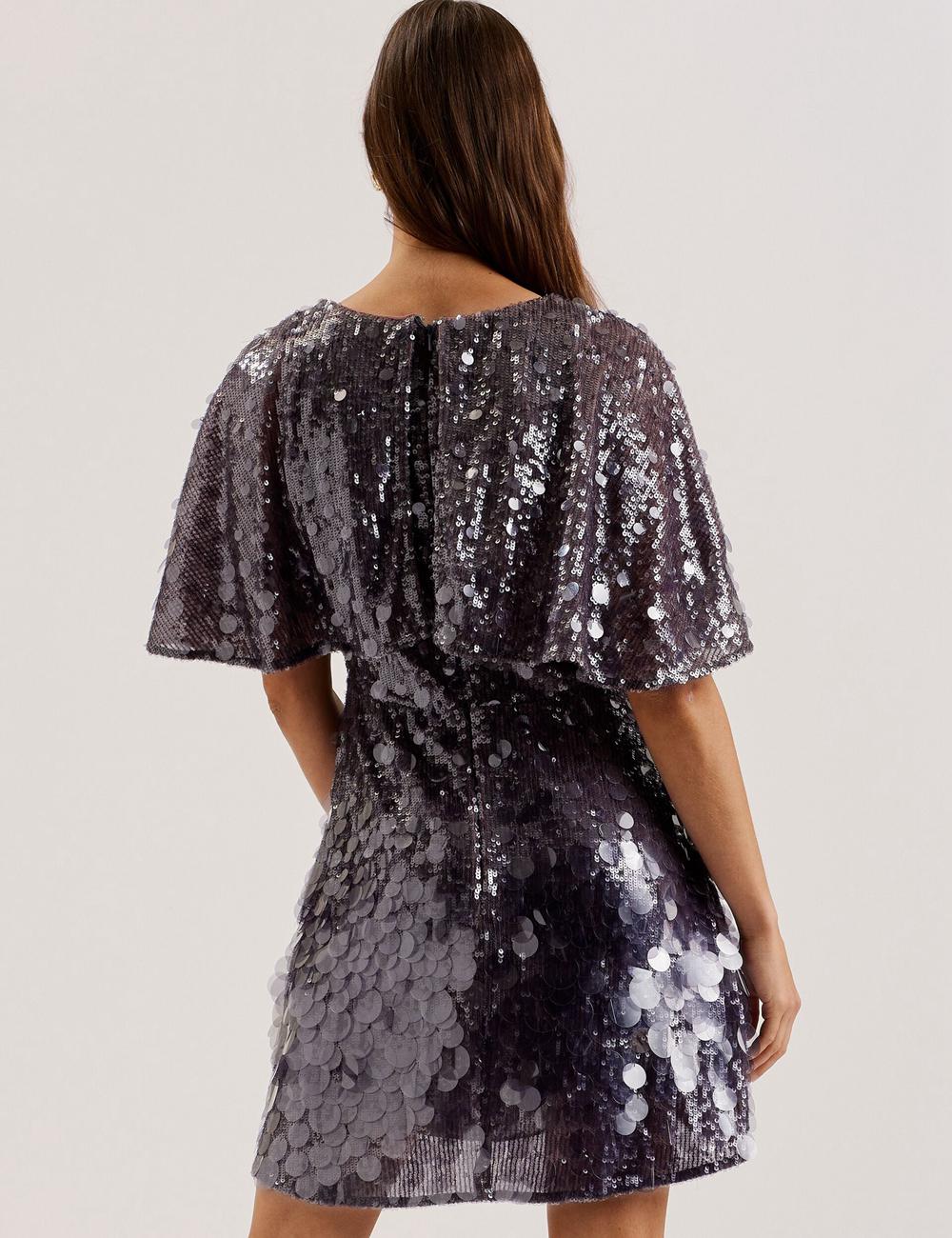 Women Ted Baker ELISONA - Sequin V-Neck Cape Sleeve Mini Dresses Dk-Grey | XWCR87934