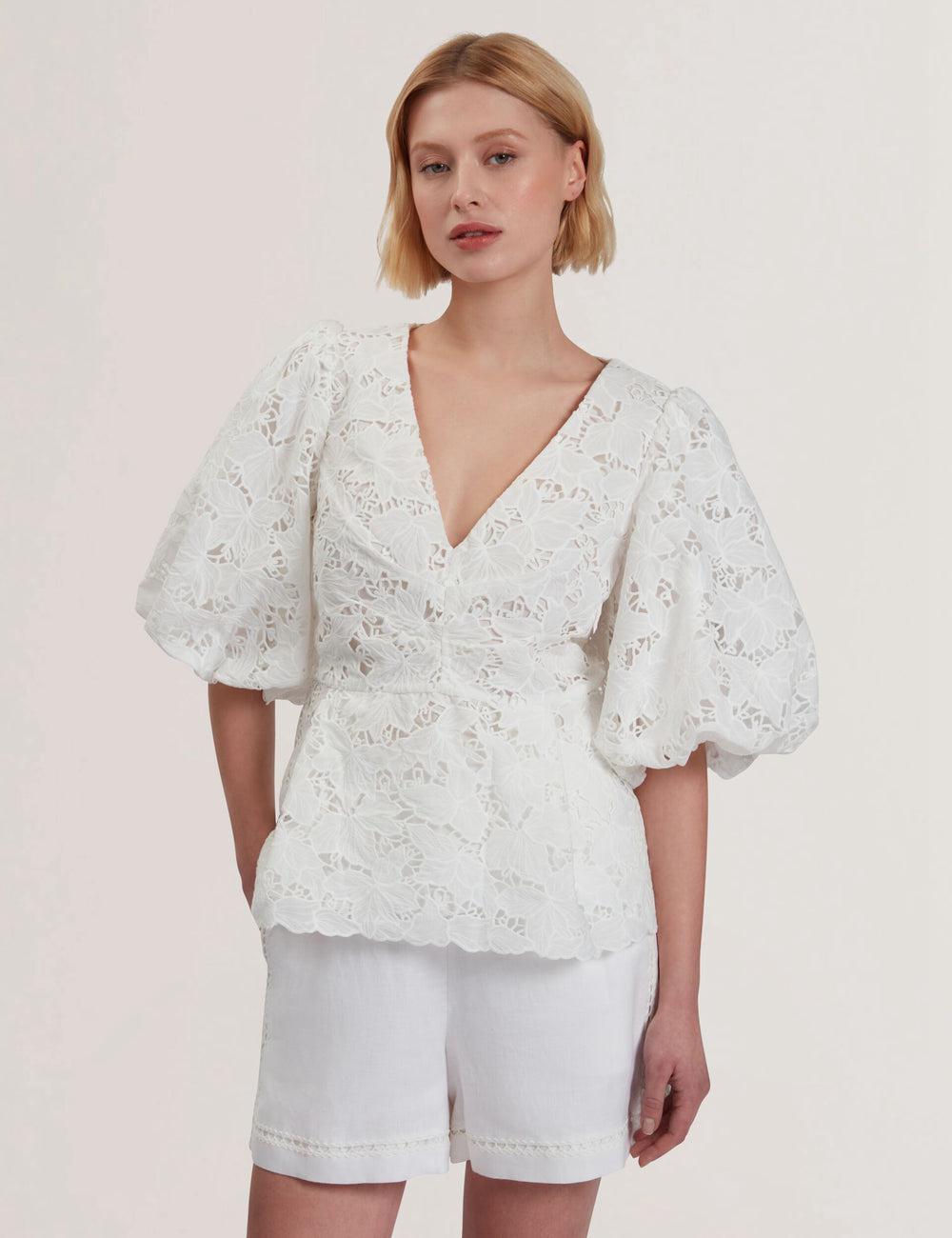 Women Ted Baker ELLARI - Lace Puff Sleeve V-Neck Peplum Tops White | ZNLO84217
