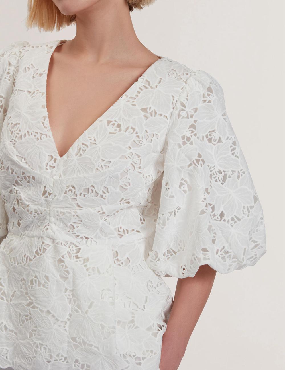 Women Ted Baker ELLARI - Lace Puff Sleeve V-Neck Peplum Tops White | ZNLO84217