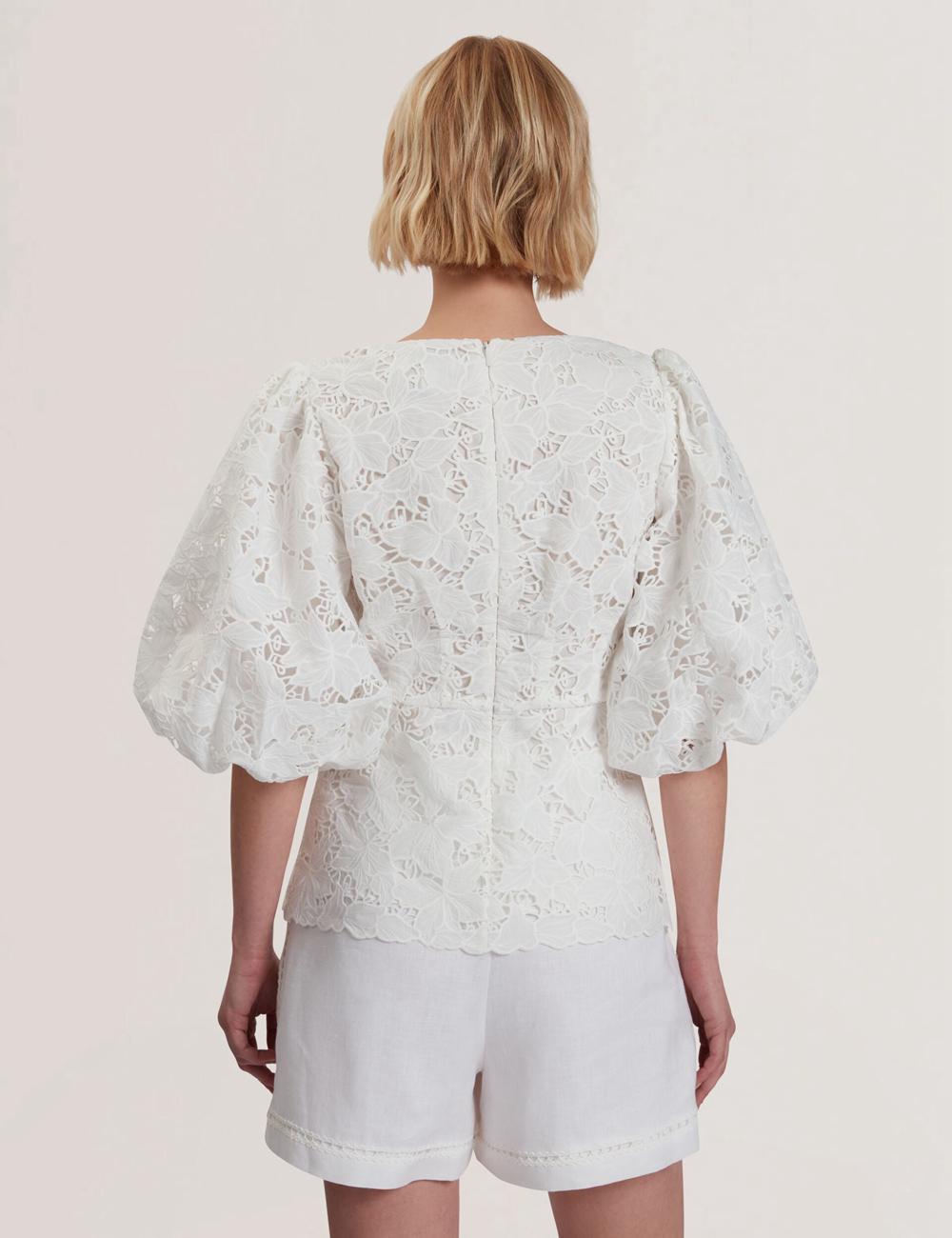 Women Ted Baker ELLARI - Lace Puff Sleeve V-Neck Peplum Tops White | ZNLO84217