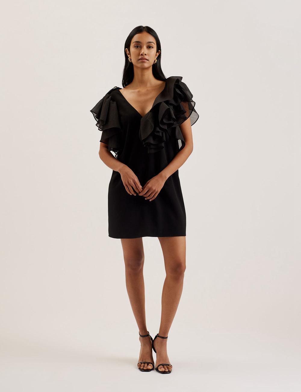Women Ted Baker ELQUI - Oversized Ruffle Trim V-Neck Mini Dresses Black | VFMT06139