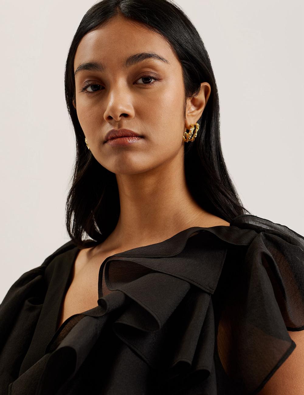 Women Ted Baker ELQUI - Oversized Ruffle Trim V-Neck Mini Dresses Black | VFMT06139