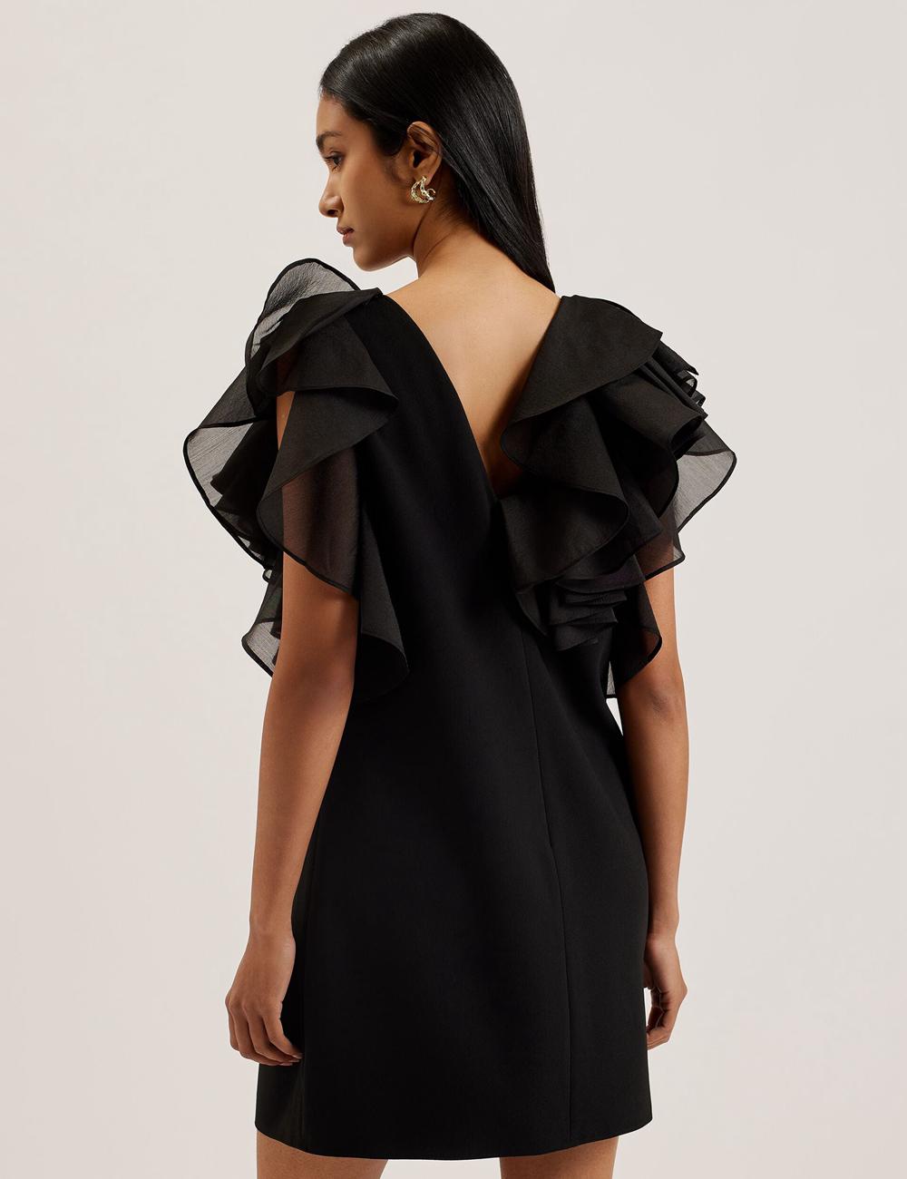 Women Ted Baker ELQUI - Oversized Ruffle Trim V-Neck Mini Dresses Black | VFMT06139