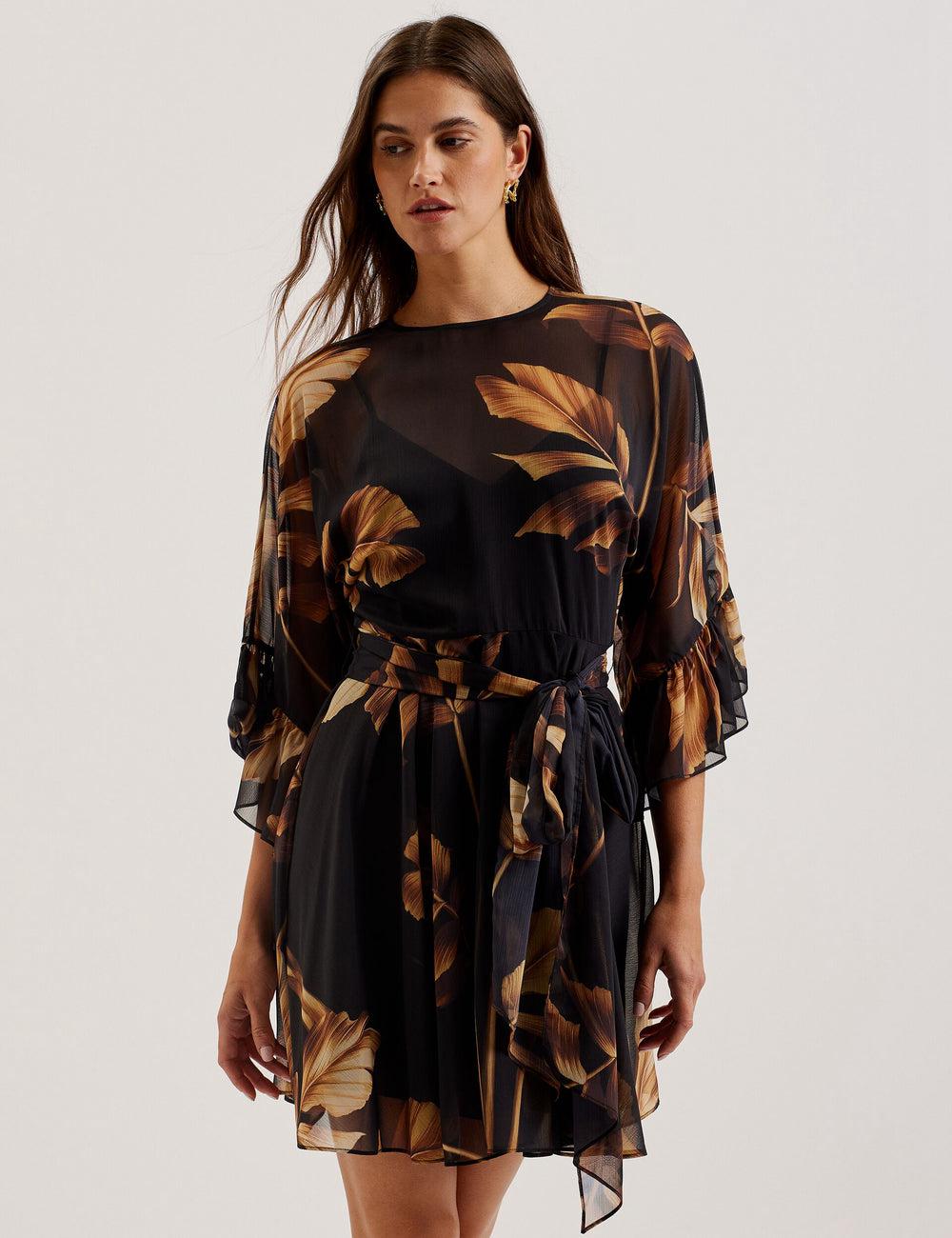 Women Ted Baker ELSTER - Printed Chiffon With Waist Mini Dresses Black | HJNB69035