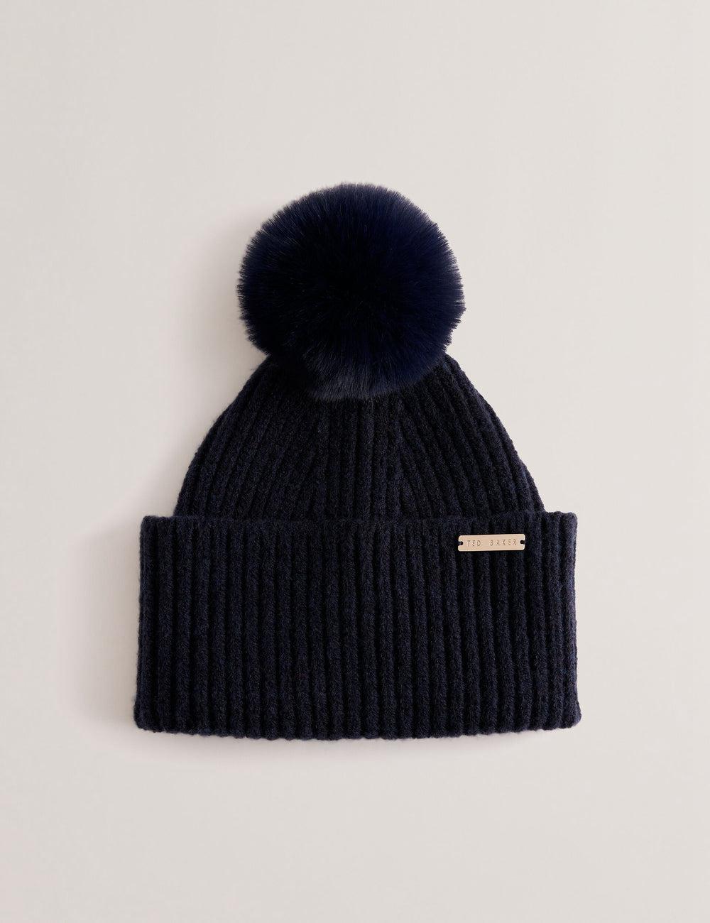 Women Ted Baker EMILYYA - Ribbed Knit Fluffy Bobble Hats Navy | LOXV48507