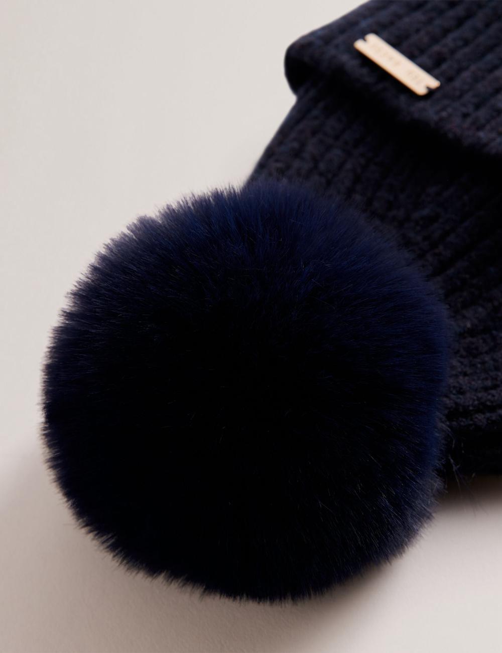Women Ted Baker EMILYYA - Ribbed Knit Fluffy Bobble Hats Navy | LOXV48507