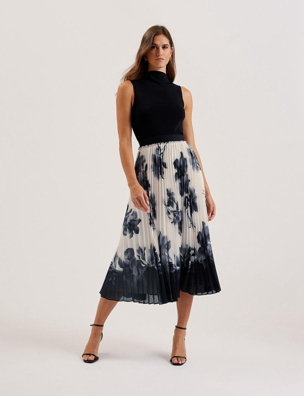 Women Ted Baker EMISTA - Monochrome Print Pleated Midi Skirts Ivory | MSPU61702