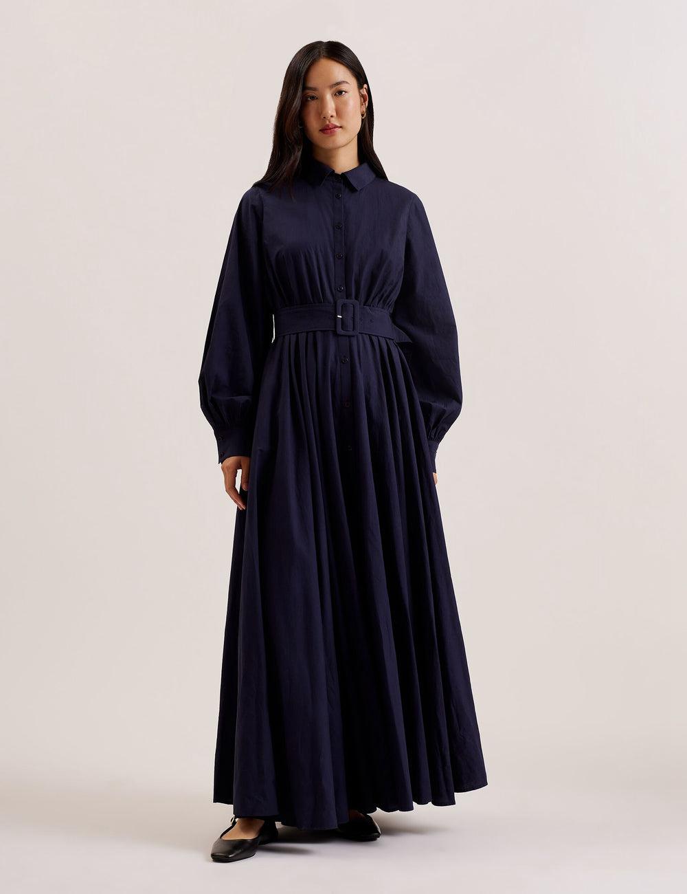 Women Ted Baker ENE - Cotton Maxi Shirt Dress With Belt Maxi Dresses Navy | XNGF54972