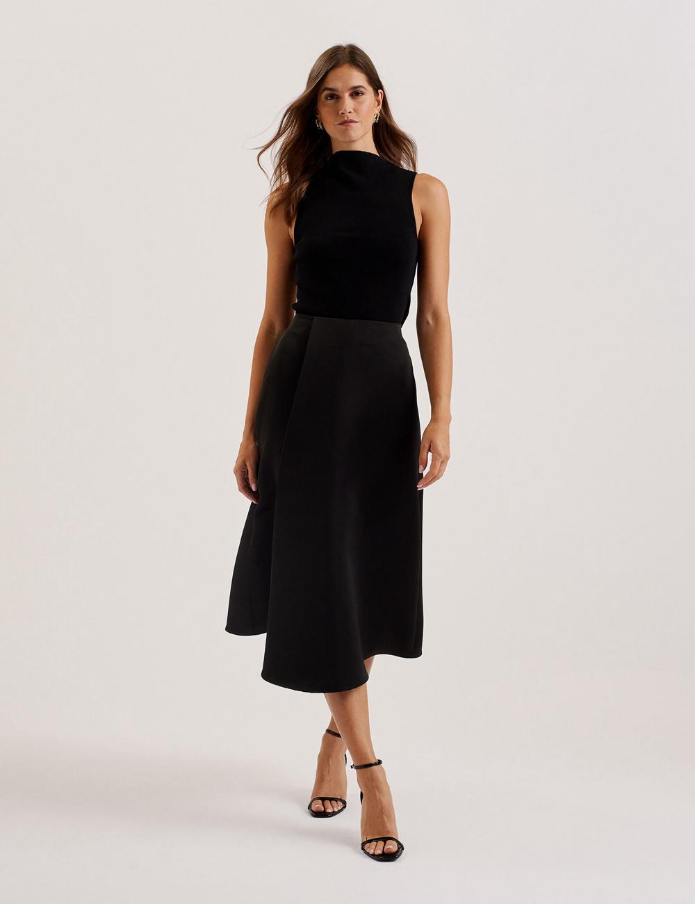 Women Ted Baker ERVA - Asymmetric Satin Wrap Midi Skirts Black | TRYI49873