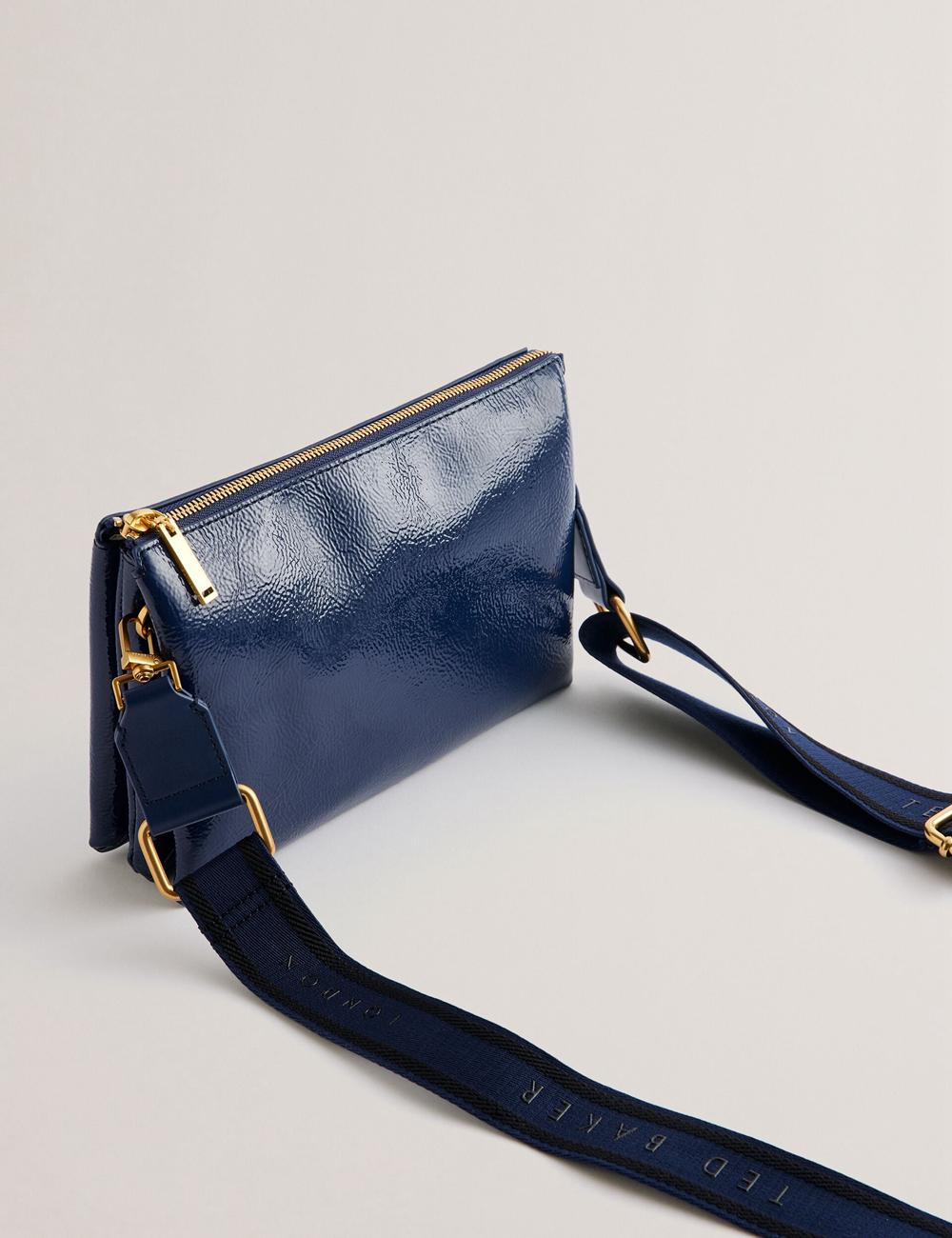Women Ted Baker ESILLE - Branded Webbing Patent Leather Crossbody Bags Dk-Blue | EJGQ46913