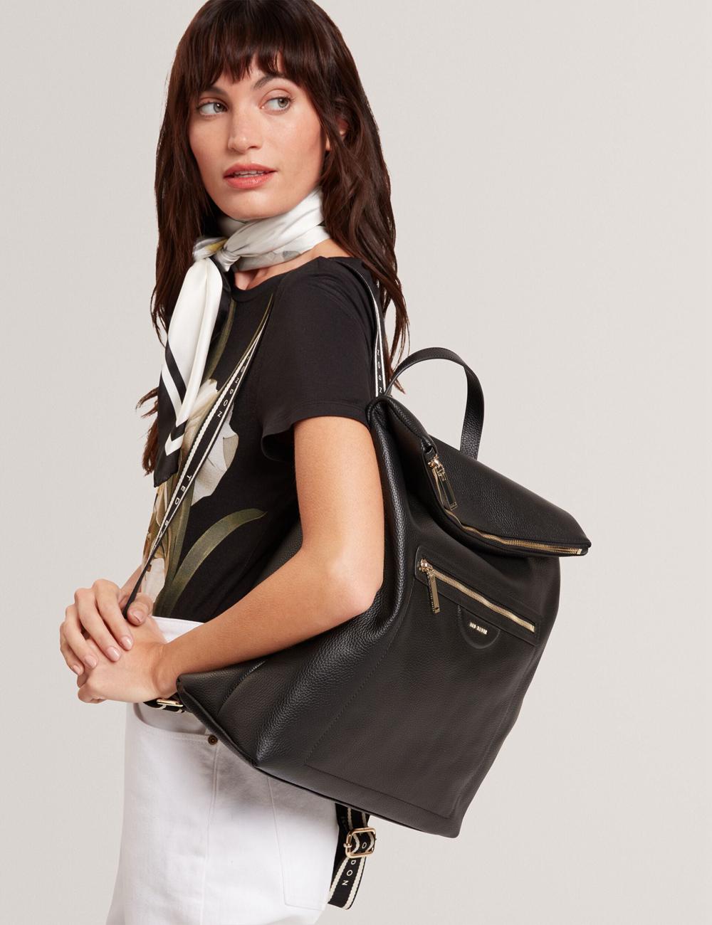 Women Ted Baker ESSAYA - Leather Webbing Strap Fold Over Backpacks Black | HUZV05934