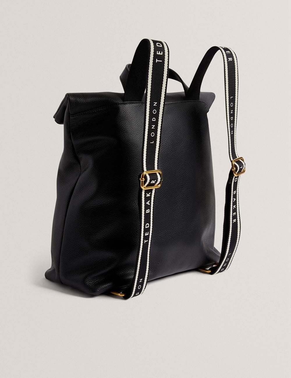 Women Ted Baker ESSAYA - Leather Webbing Strap Fold Over Backpacks Black | HUZV05934