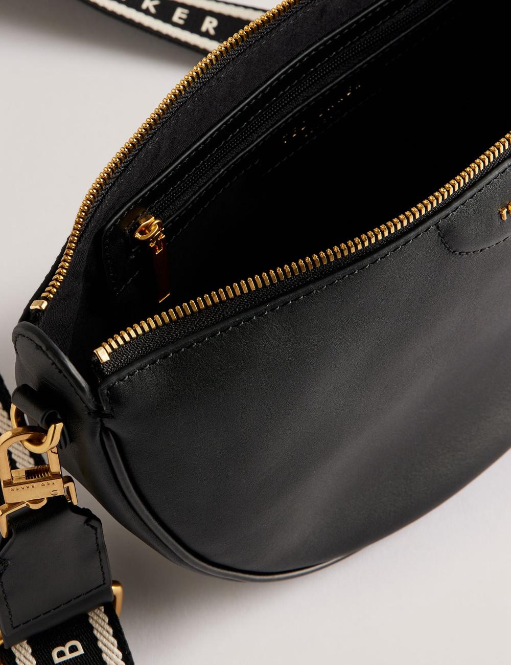 Women Ted Baker ESSINA - Webbing Half Moon Leather Crossbody Bags Black | NART74059