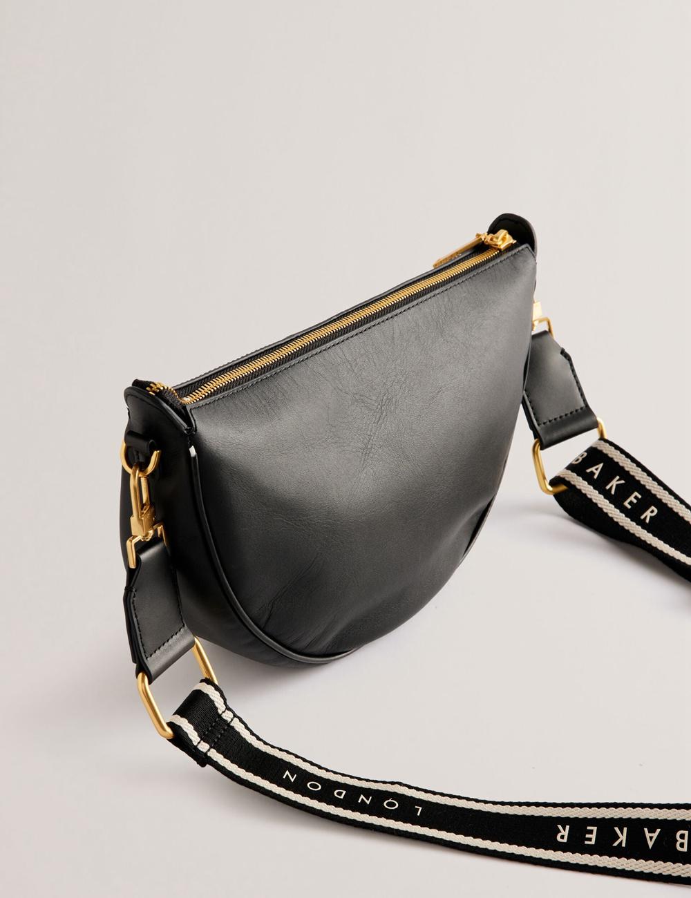 Women Ted Baker ESSINA - Webbing Half Moon Leather Crossbody Bags Black | NART74059