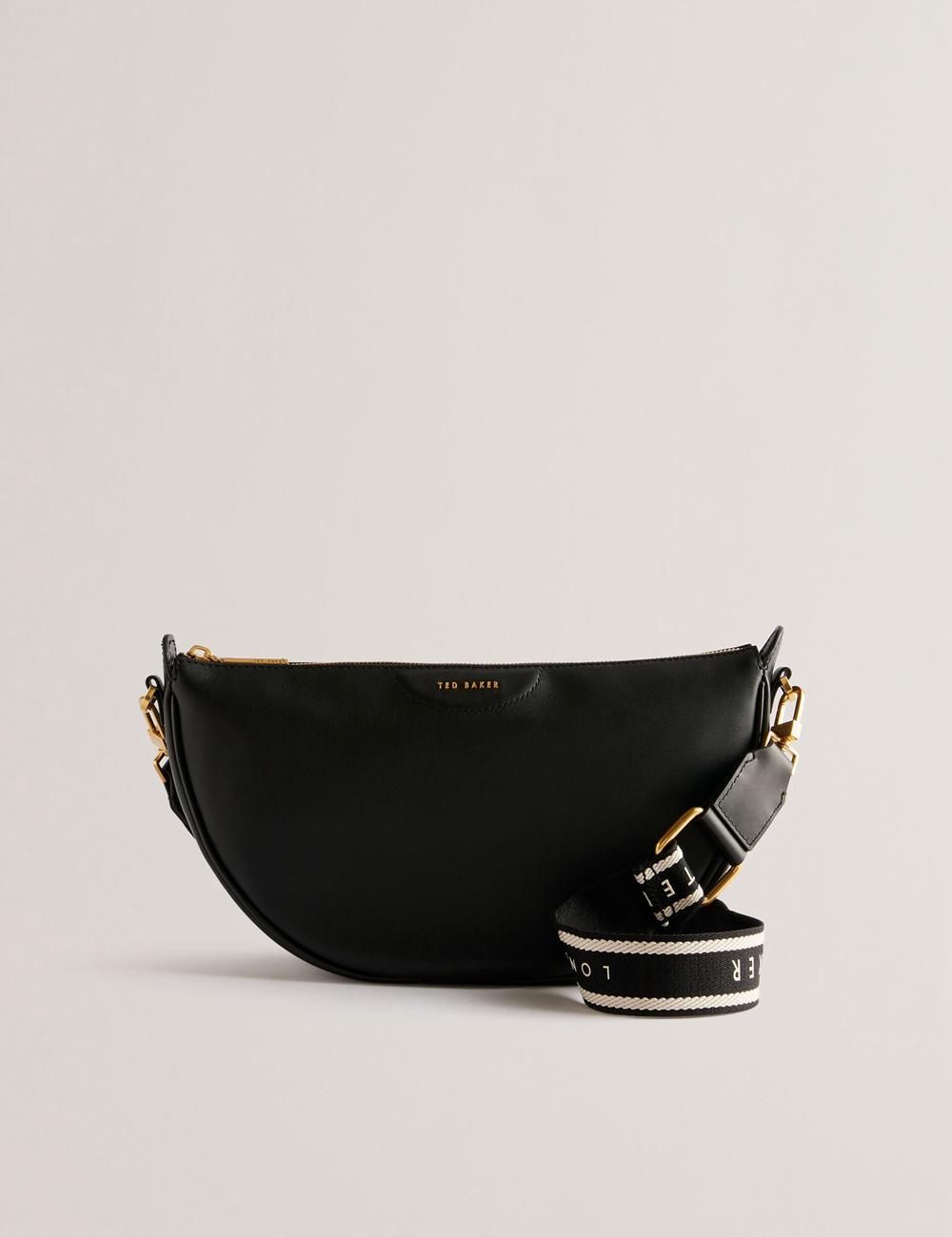 Women Ted Baker ESSINA - Webbing Half Moon Leather Crossbody Bags Black | NART74059