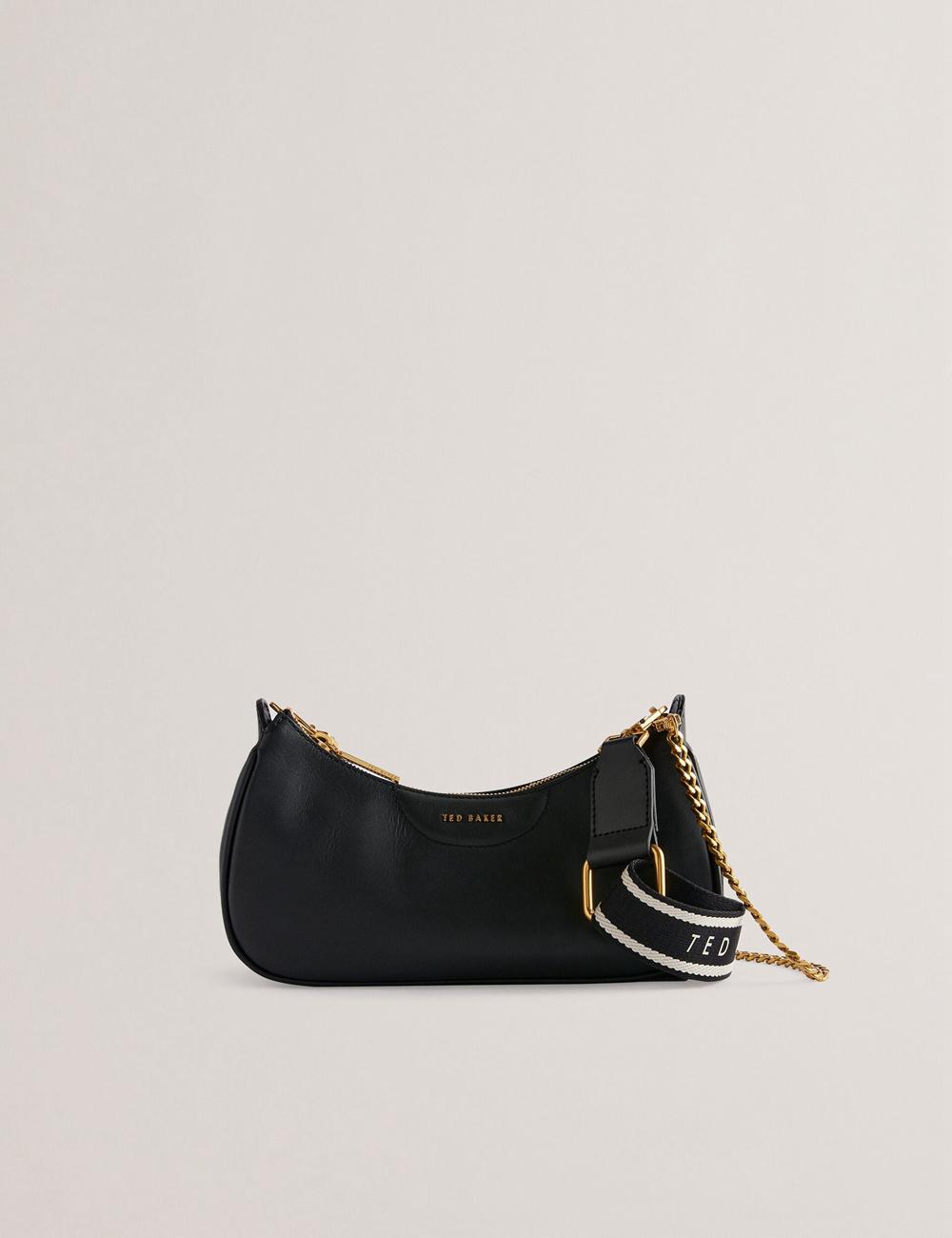 Women Ted Baker ESSIY - Leatheruette With Webbing Strap Shoulder Bags Black | GECK82906