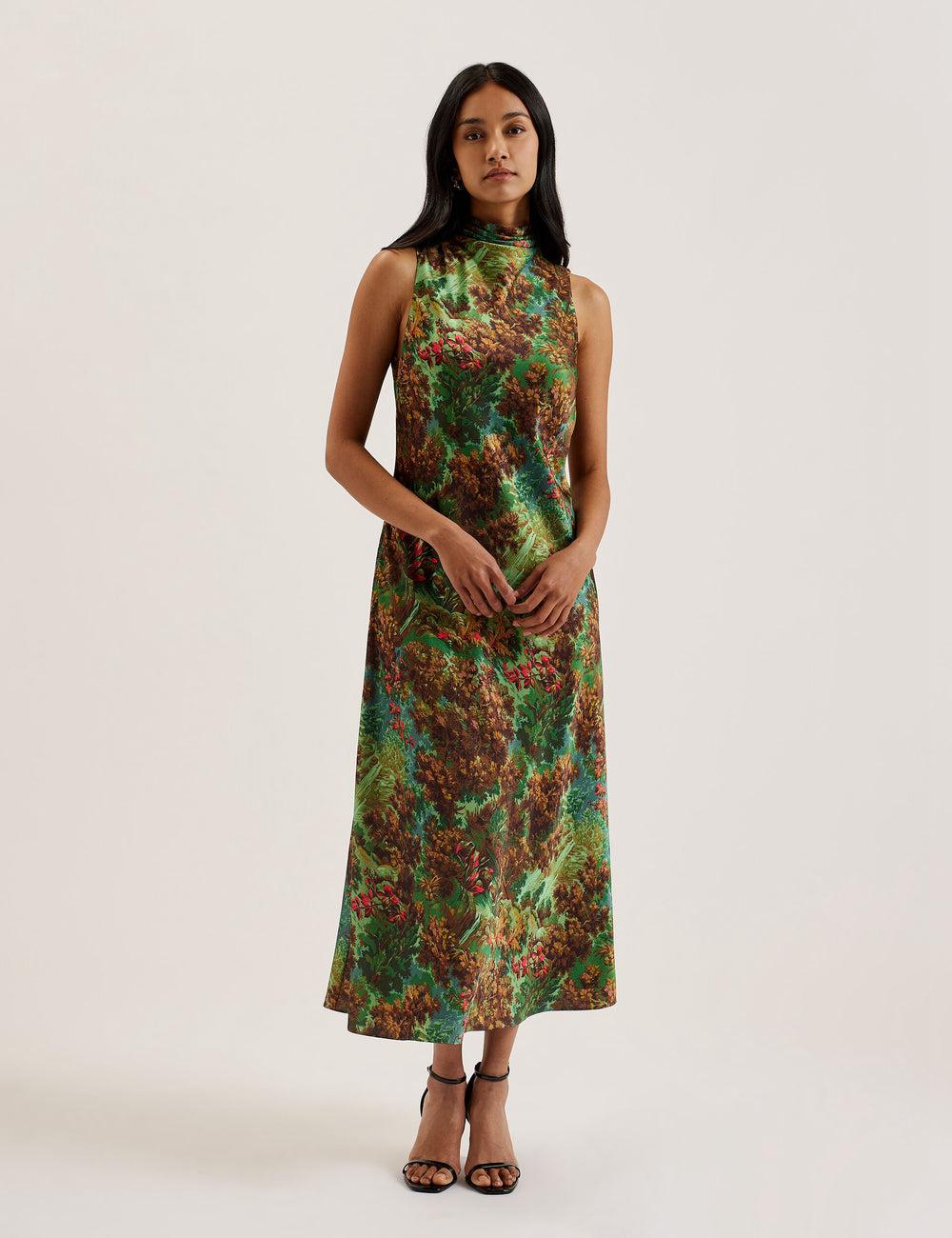 Women Ted Baker EYVA - Satin Printed High Neck Midi Slip Midi Dresses Green | MNEP78041