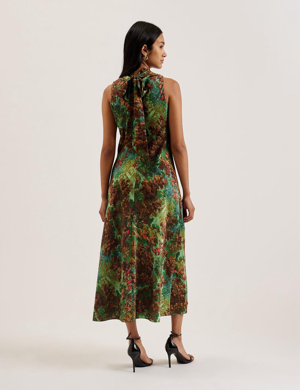 Women Ted Baker EYVA - Satin Printed High Neck Midi Slip Midi Dresses Green | MNEP78041